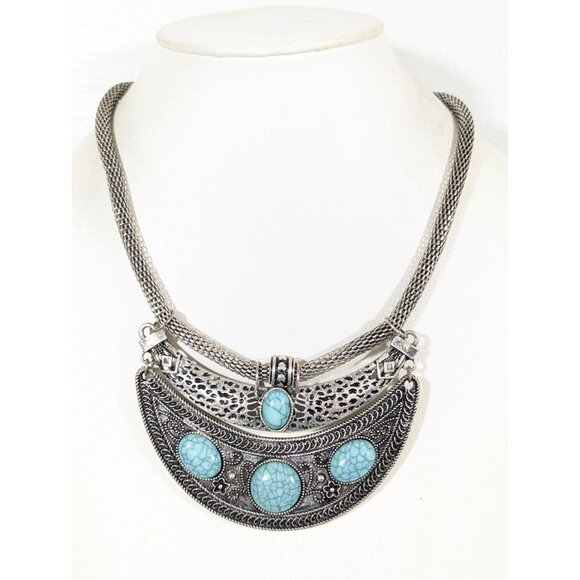 Western Tribal Faux Turquoise Curved Bar Bib Necklace Statement 20" - Picture 1 of 7